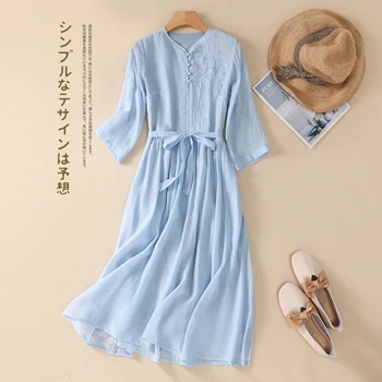 2023 Модное Хлопчатобумажное Льняное Однотонное Чайное платье с вышивкой, с коротким рукавом, Тонкое Длинное платье-рубашка, платье