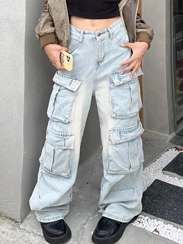 Новые модные выстиранные брюки-карго с несколькими карманами, женские Y2K, винтажные джинсы-карго с высокой посадкой для тяжелой промышленности, Свободные Прямые джинсы оверсайз