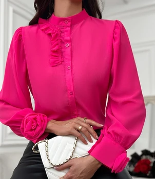 Модная женская рубашка, Темперамент, для поездок на работу, Однотонный топ с цветочным украшением и длинными рукавами, однобортная розовая рубашка