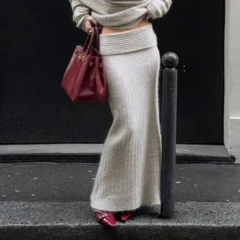 Женская юбка-свитер, осень-зима, трикотажные юбки-карандаш в рубчик, плотно облегающие, со складками на талии, однотонная длинная юбка