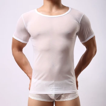 Мужская футболка с круглым воротником и коротким рукавом, обтягивающая сетка, прозрачный сексуальный низ, прозрачное нижнее белье