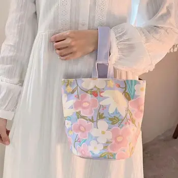 Сумка-ведро со свежими цветами в корейском стиле, портативная сумка-тоут большой емкости, холщовая сумка, сумка для ланча, хозяйственные сумки, сумка для мамы для девочек