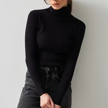 Женский свитер с низом, стильный женский пуловер-водолазка из рубчатого трикотажа, приталенный однотонный топ с длинным рукавом на резинке