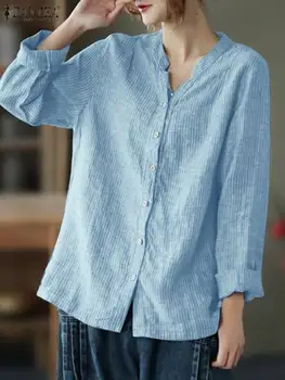 Блуза ZANZEA в богемную полоску с принтом, Стильная рабочая рубашка OL, женские топы с длинным рукавом и V-образным вырезом, Весенние повседневные блузки на пуговицах