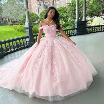 ANGELSBRIDEP Розовые аппликации Пышные платья Бальное платье Придворный шлейф 15-летний день рождения Вечернее платье принцессы Корсет