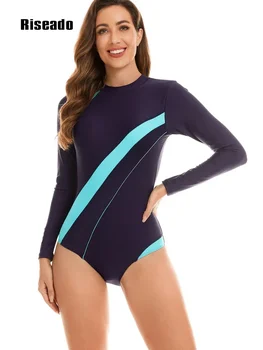 Купальник с длинным рукавом, цельный женский Рашгард, лоскутные купальники 2024, Спортивный костюм для серфинга, женский темно-синий, пляжная одежда, лето