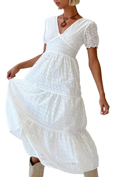 Женское платье с V-образным вырезом и запахом, с пышными рукавами, с высокой талией, открытое Длинное платье, многоуровневое платье макси-сорочка с оборками.