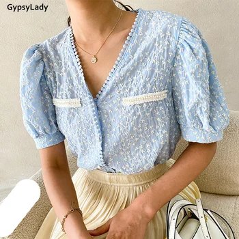 GypsyLady, шикарная блузка с цветочной вышивкой, Синяя повседневная летняя женская блузка с пышными рукавами и V-образным вырезом, повседневные женские топы
