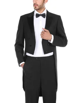 Элегантные черные Костюмы с длинным пальто Для мужчин, Двубортные Свадебные смокинги для жениха, 2 предмета, Формальный повседневный блейзер, брюки, Костюм Homme