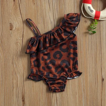 2021 Новый цельный леопардовый купальник для маленьких девочек на бретельках, с косыми оборками на плечах, боди, купальники