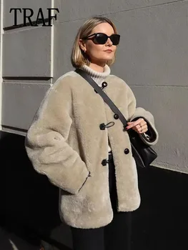 TRAF Куртка-дубленка из искусственного меха, пальто, женские Зимние пальто 2024, Модная Толстая теплая Женская верхняя одежда с длинным рукавом, Шикарный топ