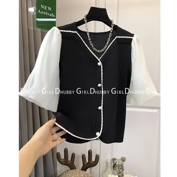 Шикарные кружевные рубашки с коротким рукавом для женщин, милые свободные летние топы, Корейская модная винтажная блузка Femme