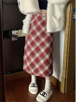 Шерстяные Осенне-зимние длинные юбки в полоску и клетку с принтом, женские разрезные модные облегающие женские юбки с высокой талией, женская юбка в стиле ретро трапециевидной формы