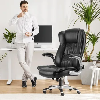 Офисный стул для руководителя с откидывающимися подлокотниками, Эргономичная поясничная поддержка, Высокая спинка, прочное черное компьютерное кресло среднего размера