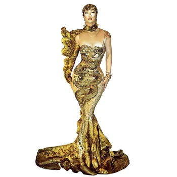 Китайский золотой дракон со стразами, Русалка, Свадебное платье для вечеринки, женский сценический костюм, Вечерние платья для выпускного вечера