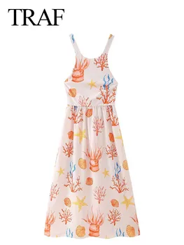 TRAF 2024 Женское нежное платье с мультяшным принтом, женские элегантные платья с цветастым принтом, тонкие, средней длины, с открытыми плечами, на подтяжках