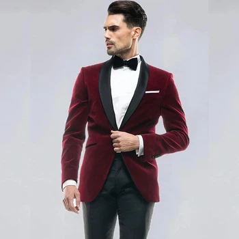 Бордовый жакет из 2 предметов, Черные брюки, шаль с лацканами, Однобортный мужской костюм для официальной вечеринки, Блейзер, сшитый на заказ, облегающий комплект