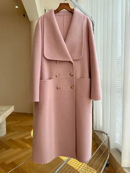 Новое женское двустороннее пальто из шерсти альпаки, толстое двубортное кашемировое шерстяное пальто с большим отворотом, теплое свободное женское осенне-зимнее