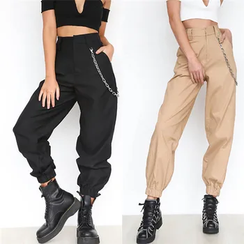 Женские свободные повседневные брюки-карго, шаровары в стиле хип-хоп с высокой талией, с цепочкой, плюс размер S-3XL