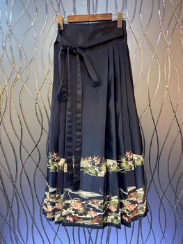 Новые осенние юбки 2023 года из высококачественного женского денима в стиле пэчворк с винтажными принтами, повседневные Длинные плиссированные юбки Макси, женская праздничная одежда