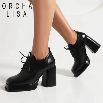 Женские туфли-лодочки бренда ORCHA LISA С квадратным носком, на высоком массивном каблуке, на платформе, на шнуровке, Повседневная офисная женская обувь, большие размеры 42 43