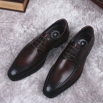 Черные коричневые мужские модельные туфли из натуральной кожи на шнуровке с острым носком, оксфорды с перфорацией типа 