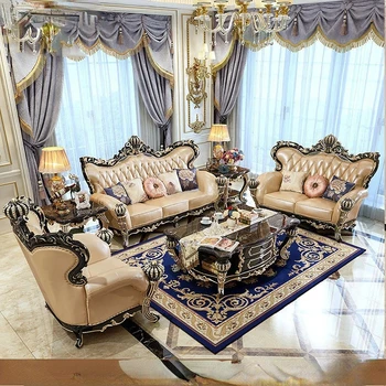 Гостиная виллы из массива дуба в европейском стиле, Большой комбинированный диван из кожи черного дерева класса люкс Crown 739