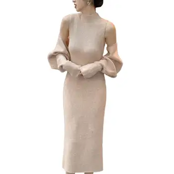 Элегантное Женское платье, Вязаное Платье с Высокой талией, Комплект из Полупрозрачной Водолазки с Длинными Рукавами для Вечернего vestidos para mujer