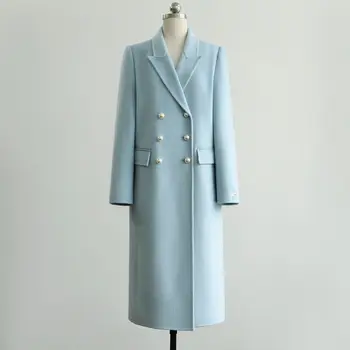 Новинка Зимы 2023 года, Высококачественное Элегантное Двубортное пальто средней длины с прямой трубкой, двустороннее Шерстяное пальто синего цвета