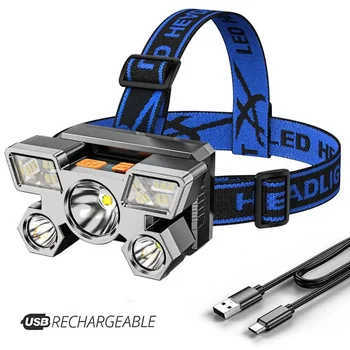 Мощная 5-светодиодная фара, перезаряжаемая через USB, водонепроницаемая фара, суперяркий фонарь для рыбалки на открытом воздухе, Налобные передние фонари