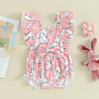 0-18 м Розовый комбинезон с пасхальным кроликом для маленьких девочек с развевающимися рукавами, детский комбинезон с бантом и принтом кролика с квадратной горловиной