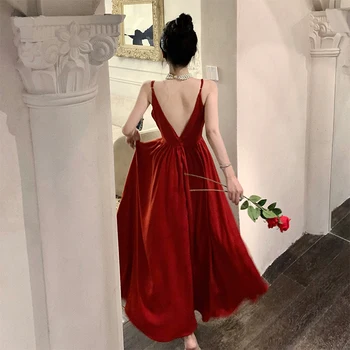 Летнее новое красное платье на подтяжках с V-образным вырезом и широким подолом, платье с открытой спиной, утреннее платье, платье на подтяжках, длинная юбка