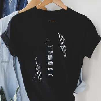 Модная футболка в универсальном стиле с коротким рукавом и принтом, Новый топ, женская одежда с мультяшным лунным рисунком, простая черная женская футболка