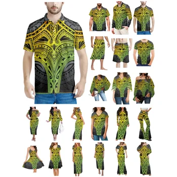 Полинезийская Тонга Гавайи Фиджи Гуам Самоа Одежда с татуировками племени Понпеи, женское платье, мужская рубашка в тон, Одежда для любителей зеленого цвета