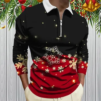 Мужские рождественские рубашки-поло на молнии, рубашки и блузки с 3D-графическим принтом, Мужская рубашка с отворотом и длинным рукавом для новогодней вечеринки, Одежда