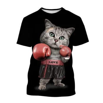 2023 Летняя Новая Милая Кошачья Женская футболка С Коротким рукавом Boxing Cat Pattern, Мужская Футболка с 3 Принтами, Удобная Футболка В стиле Животных С Коротким рукавом