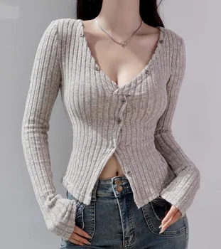 Вязаный свитер с V-образным вырезом, женская приталенная нижняя футболка, вязаный топ, женский Топ на пуговицах Спереди, Ребристый Топ С длинными рукавами И крестом