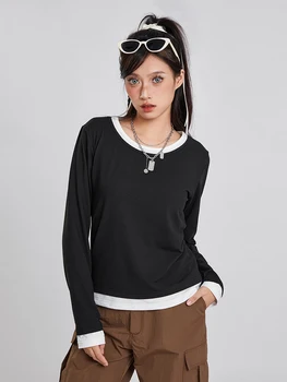 Женская футболка с длинным рукавом, круглый вырез, укороченный топ, накладные осенние топы в стиле пэчворк из 2 частей, пуловер Оверсайз, Уличная одежда