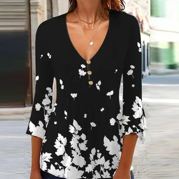 Модная женская футболка с V-образным вырезом и рукавом Три четверти, черная тонкая элегантная офисная рубашка с цветочным принтом, женская одежда