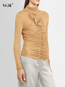 VGH Однотонные футболки с аппликацией в стиле пэчворк Для женщин, воротник-стойка, длинный рукав, складки, застежка-молния, облегающая футболка, женская мода