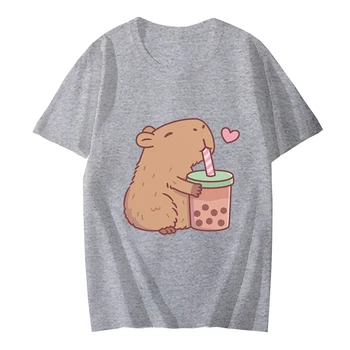 Милые футболки с принтом Capybara Loves Bubble Tea, Модные Повседневные Женские Топы С коротким рукавом, Летние Футболки Y2k, Женская одежда