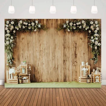Свадебный фон в деревенском стиле, дерево, белый, Цветы, Романтическая сцена, фон для торта, Фотосессия в студии для свадебного душа