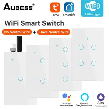 Tuya WiFi US Smart Light Switch 120 Тип Настенной Сенсорной Панели Без Нейтрального Одиночного Огня Работа С Alexa Google Home 1/2/3/4 Gang