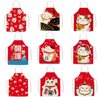 Японские милые кухонные фартуки Lucky Cat для женщин, готовящих, Детский Льняной Фартук для выпечки, Аксессуары для кафе