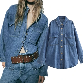 Dave & Di Американская винтажная джинсовая рубашка, женская рубашка с большим старым свободным карманом в стиле бойфренда, осень