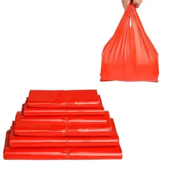 100шт Красный пластиковый пакет Розничная торговля, сумка для покупок в супермаркете, кухонная сумка для хранения всякой всячины с ручкой, сумка для деловой еды