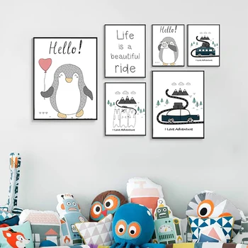 Картина на холсте с мультяшным животным, Пингвин, белый медведь, плакат и принт для детей, настенный декор в детской комнате, картина