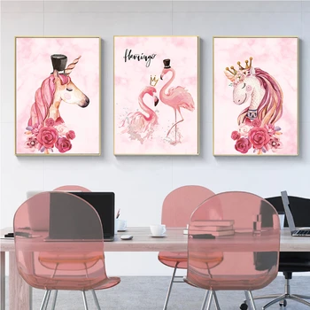 Розовый единорог, фламинго, настенное искусство, холст, плакаты на скандинавскую тему и принты, настенные панно для декора гостиной