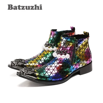 Batzuzhi/ Мужские Ковбойские ботинки в стиле Вестерн в стиле Рок С Острым Железным Носком, Цветные Мужские ботинки в стиле ПОП Для Ночного клуба, сцены, Вечерние ботинки с бусинами на молнии, Мужские Botas