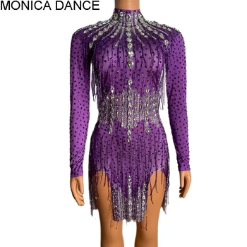 Женское сексуальное короткое платье со стразами и фиолетовой кисточкой с высоким воротом, день рождения, выпускной, Платье со стразами, костюм для латиноамериканских танцев с бахромой
